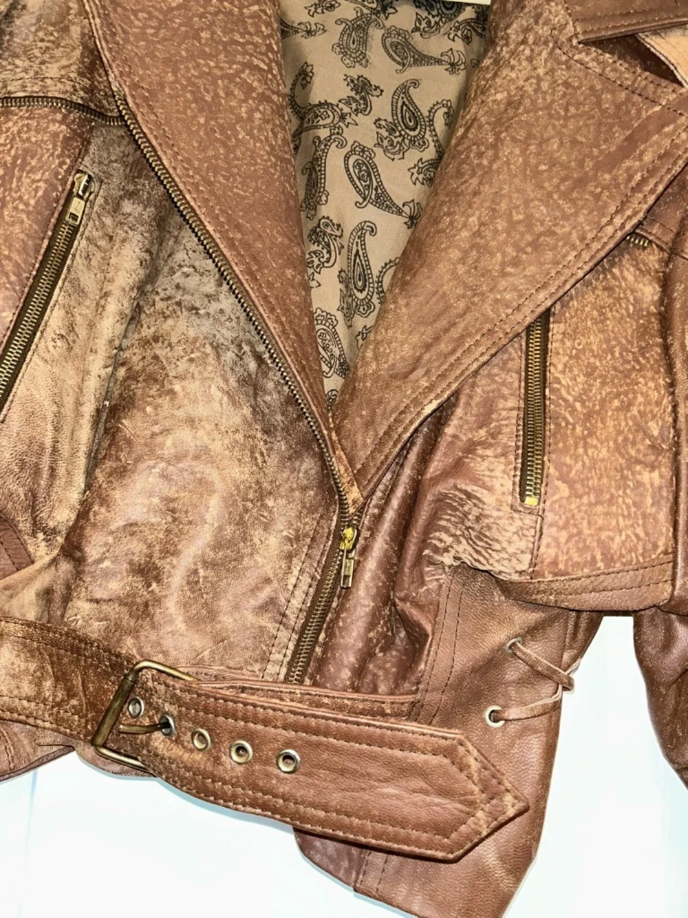 Women's Brown Leather Cropped Moto Jacket with Belt From Istanbul Turkey 1991